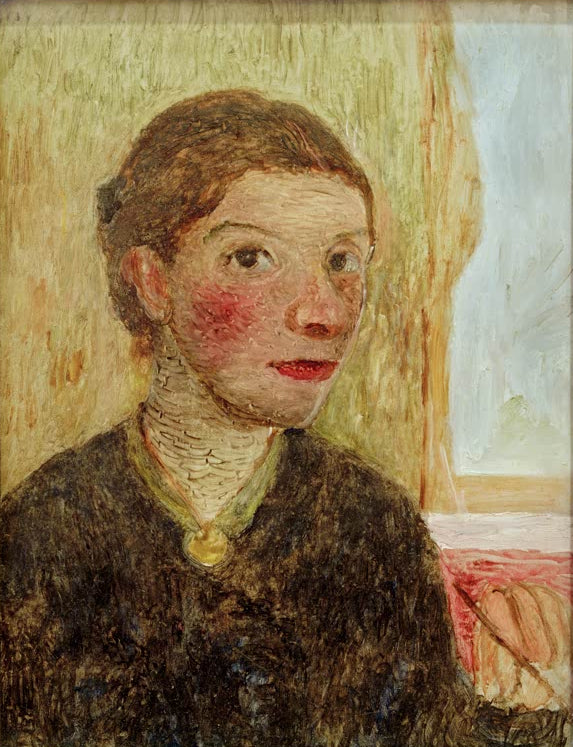 Kunstdruck von Selbstbildnis. Brustbild mit Pinsel in der erhobenen Hand. von Paula Modersohn-Becker – charaktervolles Künstlerporträt als hochwertiger Kunstdruck.