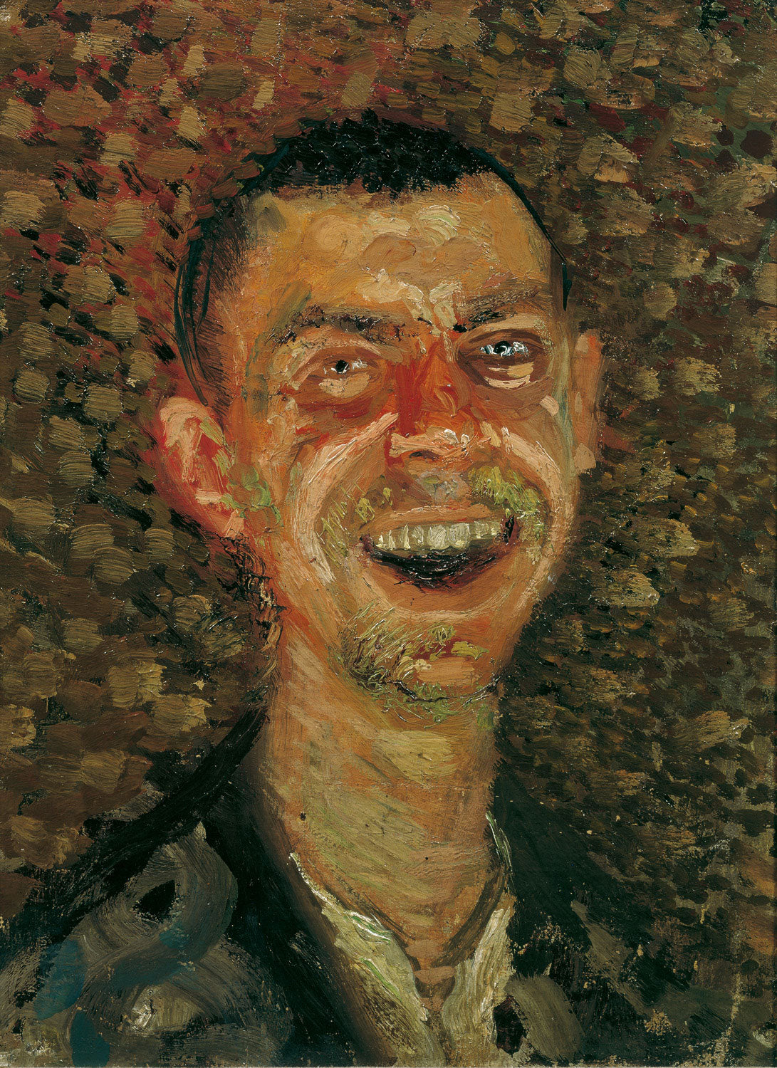 Selbstbildnis, lachend von Richard Gerstl: Ein expressionistisches Selbstporträt des Künstlers mit einem intensiven, zugleich offenen und gespannnten Lächeln.
