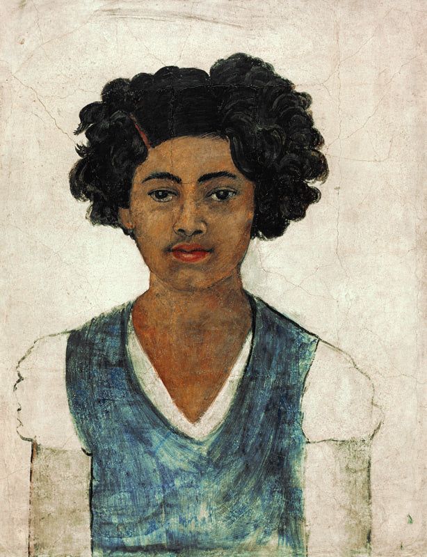 Selbstbildnis | Frida Kahlo als Kunstdruck mit dunklen Locken