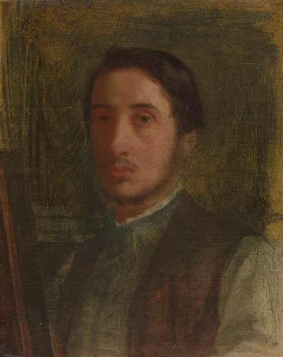 Kunstdruck des Gemäldes Selbstbildnis mit brauner Weste von Edgar Degas mit dem Porträt des französischen Künstlers in brauner Weste.