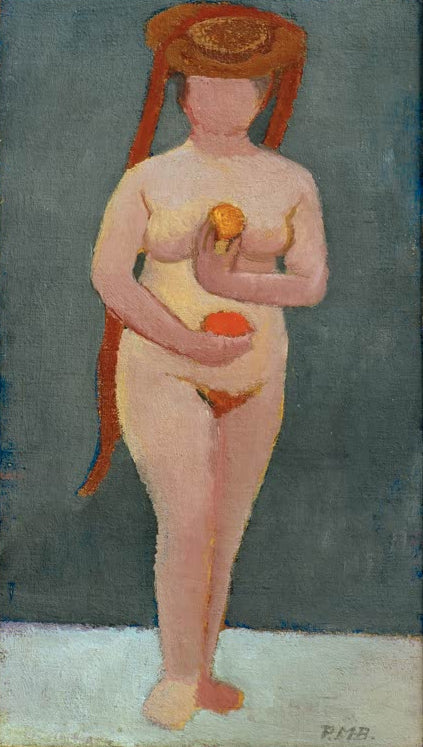 Kunstdruck des Gemäldes Selbstbildnis als stehender Akt mit Hut von Paula Modersohn-Becker mit einem Selbstporträt der Künstlerin als stehender Akt mit Hut.