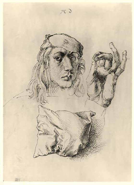 Kunstdruck von „Selbstbildnis, daneben die linke Hand Dürers, darunter ein Kissen“ von Albrecht Dürer. Detailreiche Künstlerstudie aus der Renaissance, in Deutschland handgefertigt.