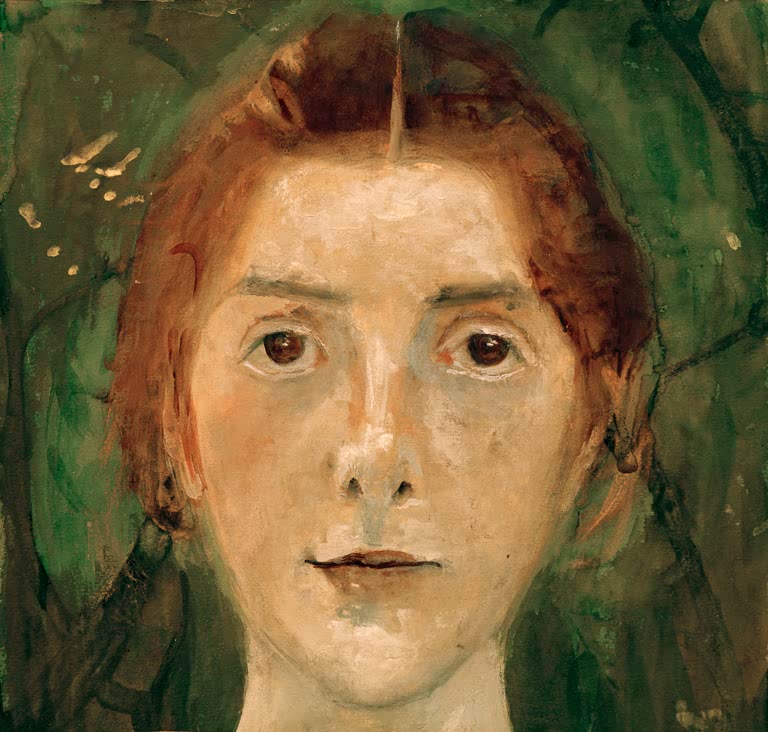 Kunstdruck von „Selbstbildnis, frontal“ von Paula Modersohn-Becker. Ausdrucksstarkes Selbstporträt der Künstlerin mit charakteristischer Farbgebung, in Deutschland handgefertigt.