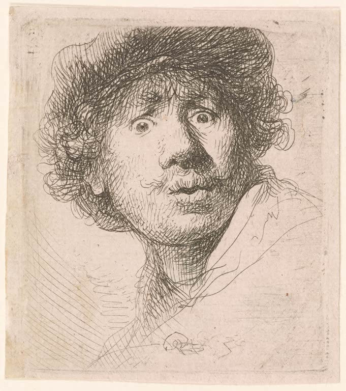 Kunstdruck von Rembrandt van Rijn, Selbstbildnis in einer Mütze mit weit aufgerissenen Augen und offenem Mund