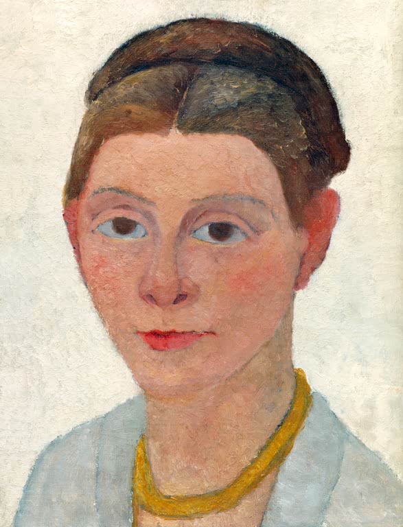 Kunstdruck von „Selbstbildnis mit Bernsteinkette“ von Paula Modersohn-Becker. Ausdrucksstarkes Selbstporträt der Künstlerin mit Bernsteinkette, in Deutschland handgefertigt.