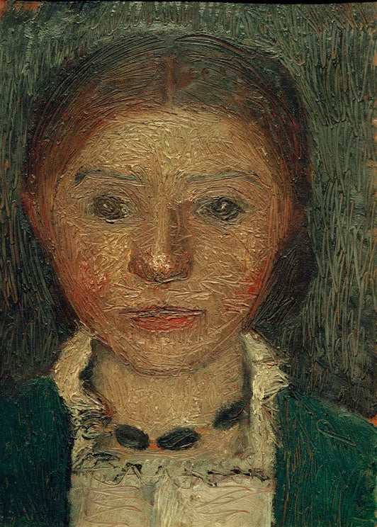 Kunstdruck von „Selbstbildnis mit Kette“ von Paula Modersohn-Becker. Ausdrucksstarkes Porträt der Künstlerin mit markanter Kette, in Deutschland handgefertigt.