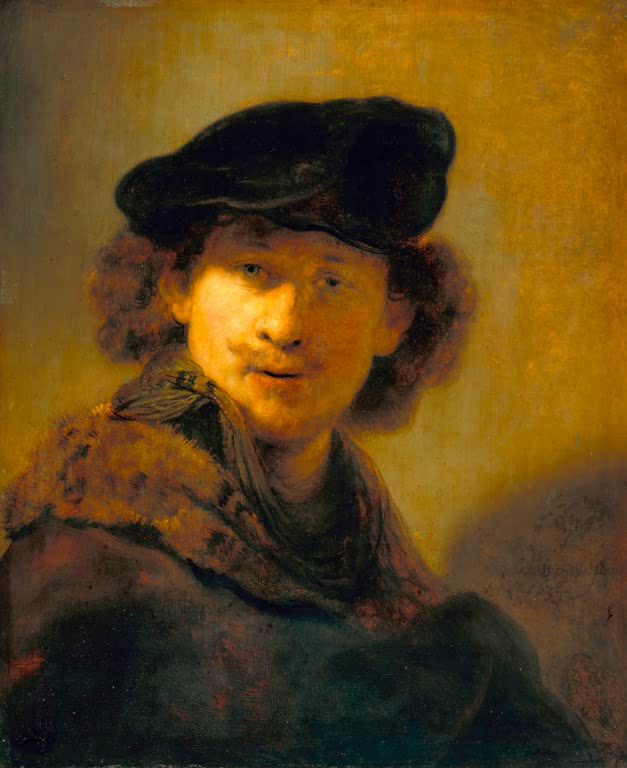 Kunstdruck Selbstbildnis mit Samtbarett und einem Mantel mit Pelzkragen von Rembrandt van Rijn

