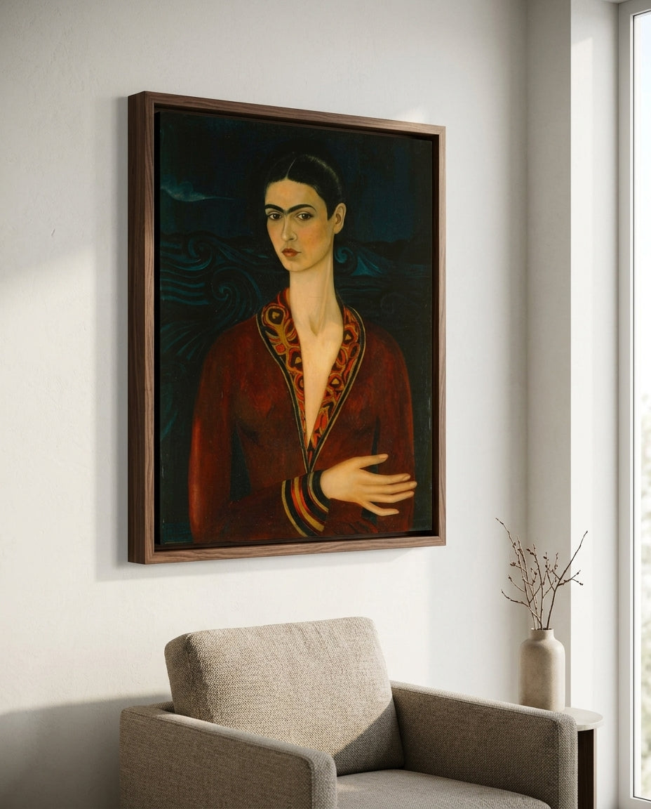 Selbstbildnis mit Samtkleid Kunstdruck von Frida Kahlo auf einem Sideboard als Wanddekoration