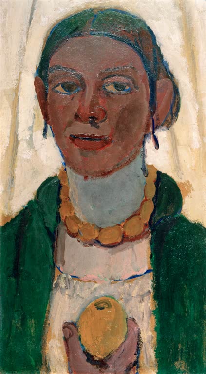 Kunstdruck „Selbstbildnis mit Zitrone“ von Paula Modersohn-Becker mit Künstlerin, Frucht und ausdrucksstarker Haltung