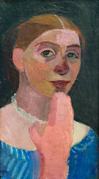 Kunstdruck von Selbstbildnis mit blauem, weißgestreiftem Kleid von Paula Modersohn-Becker – ausdrucksstarkes Selbstporträt als hochwertiger Kunstdruck.