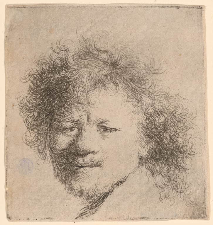 Kunstdruck „Selbstbildnis mit langem, buschigem Haar: nur der Kopf“ von Rembrandt van Rijn