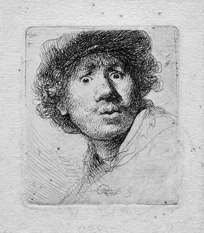 Kunstdruck „Selbstbildnis mit offenem Mund und aufgerissenen Augen“ von Rembrandt van Rijn
