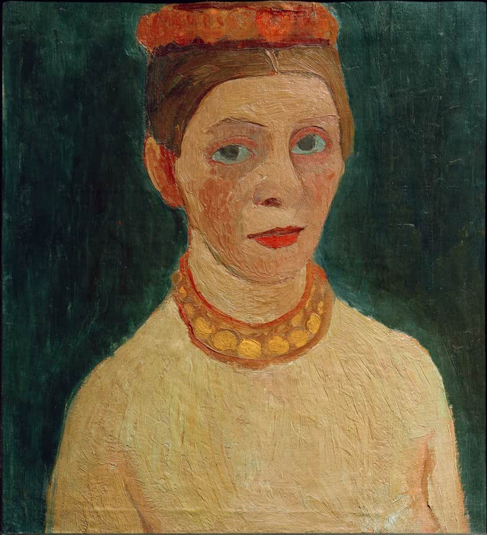 Kunstdruck des Gemäldes Selbstbildnis mit rotem Kranz im Haar von Paula Modersohn-Becker mit einem Porträt der Künstlerin mit einem roten Kranz im Haar.