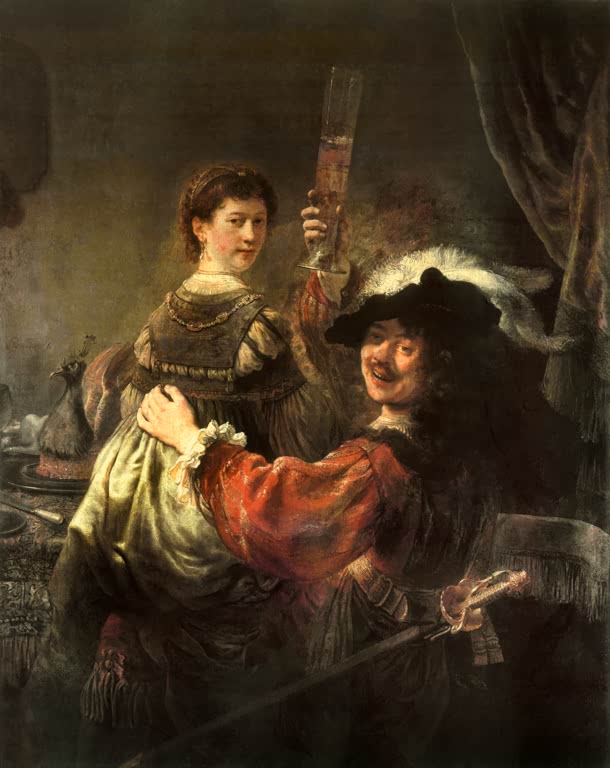Kunstdruck von Rembrandts Gemälde „Selbstbildnis mit seiner Gattin Saskia als Verlorener Sohn“ mit Rembrandt und Saskia.