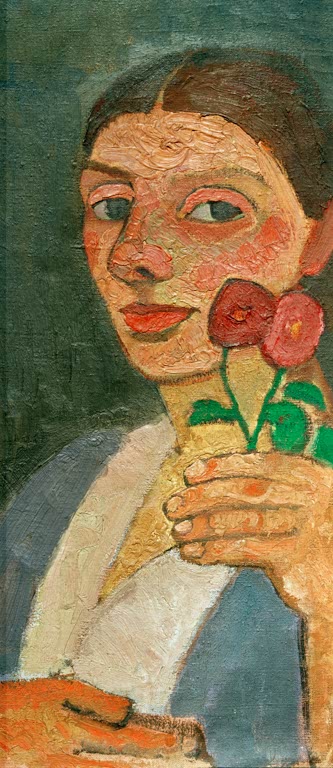 Kunstdruck „Selbstbildnis mit zwei Blumen in der erhobenen linken Hand“ von Paula Modersohn-Becker mit Künstlerin und Blumen