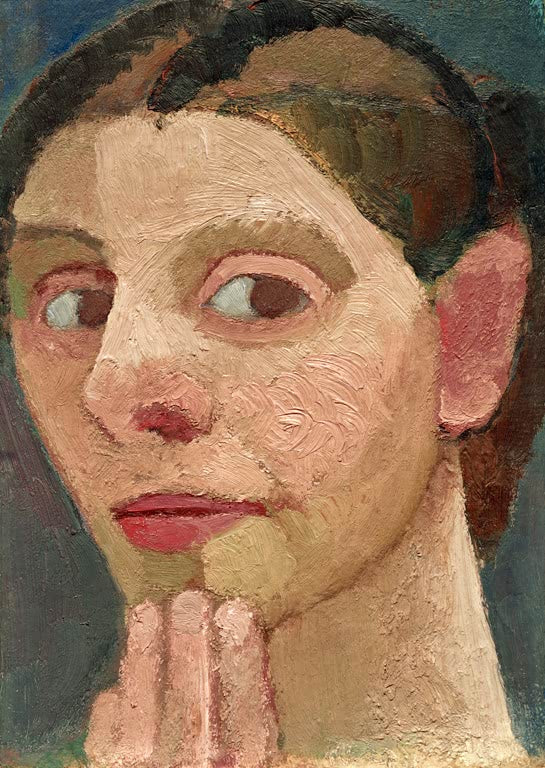 Kunstdruck „Selbstbildnis nach halblinks, die Hand am Kinn“ von Paula Modersohn-Becker mit nachdenklicher Porträtdarstellung