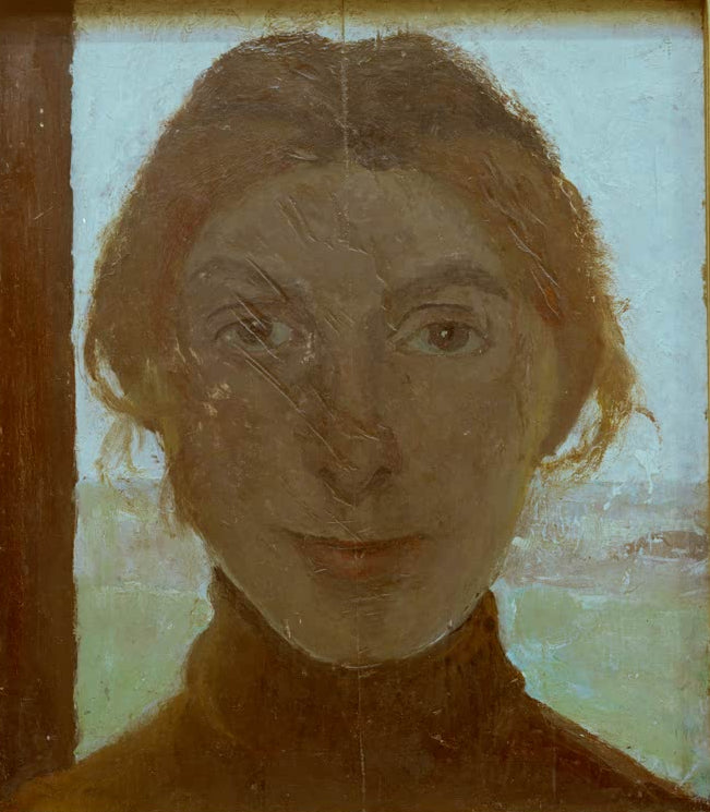 Kunstdruck von Selbstbildnis vor Fensterausblick auf Landschaft von Paula Modersohn-Becker – ausdrucksstarkes Selbstporträt mit Landschaft als hochwertiger Kunstdruck.
