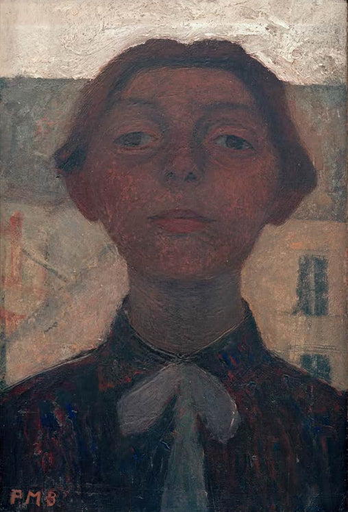 Kunstdruck von Selbstbildnis vor Fensterausblick auf Pariser Häuser von Paula Modersohn-Becker – ausdrucksstarkes Selbstporträt mit Stadtansicht als hochwertiger Kunstdruck.