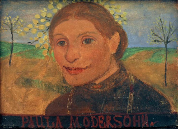Kunstdruck von Selbstbildnis vor blühenden Bäumen von Paula Modersohn-Becker – farbenfrohes Selbstporträt als hochwertiger Kunstdruck.