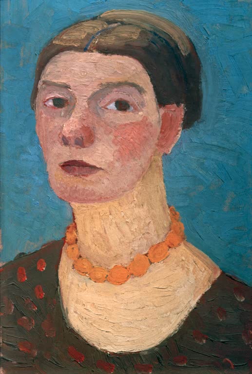 Kunstdruck von „Selbstbildnis vor blauem Grund“ von Paula Modersohn-Becker. Ausdrucksstarkes Selbstporträt der Künstlerin mit intensivem blauem Hintergrund, in Deutschland handgefertigt.