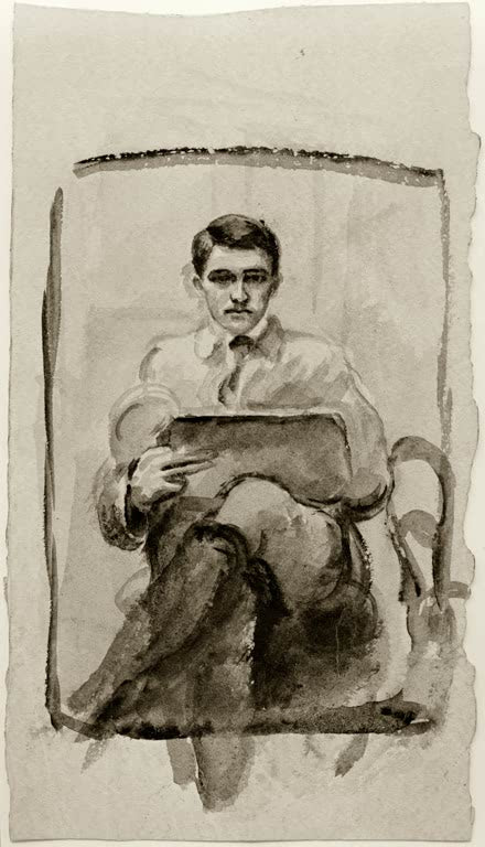 Kunstdruck des Gemäldes „Selbstbildnis, zeichnend“ von August Macke. Hochwertig in Deutschland von Hand gefertigt, erhältlich als Leinwand oder Poster und optional gerahmt.