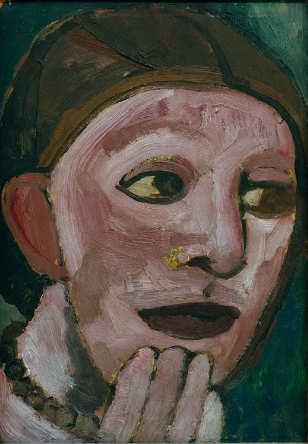 Kunstdruck: Selbstbildnis von Paula Modersohn-Becker mit Hand am Kinn, Blick nach halbrechts.