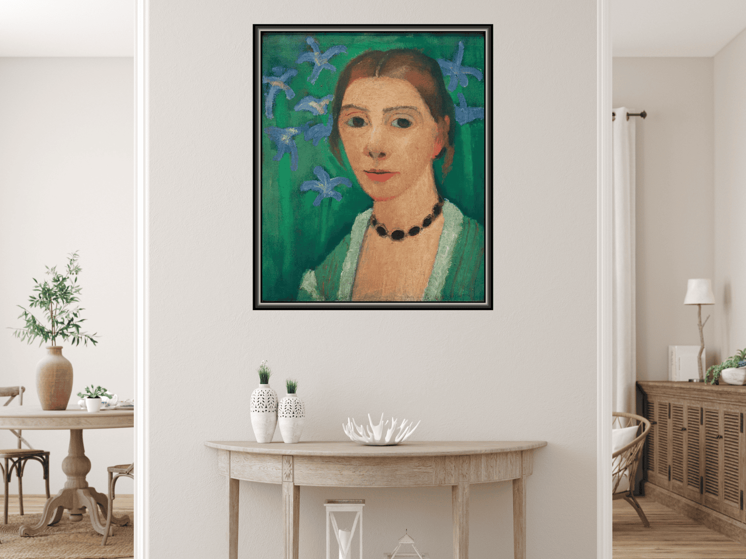 Selbstbildnis vor grünem Hintergrund mit blauer Iris | Paula Modersohn-Becker