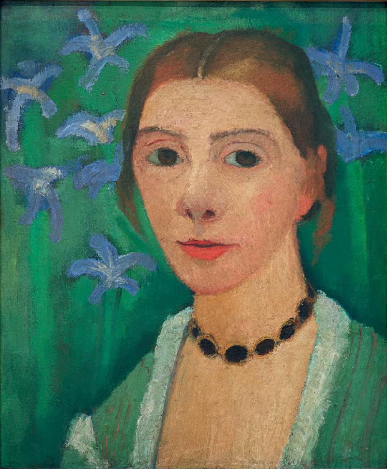 Kunstdruck: Selbstbildnis von Paula Modersohn-Becker mit blauer Iris vor grünem Hintergrund.