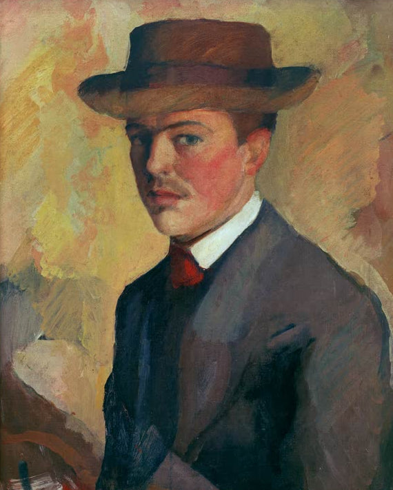 Kunstdruck des Gemäldes „Selbstporträt mit Hut“ von August Macke. Hochwertig in Deutschland von Hand gefertigt, erhältlich als Poster oder Leinwand und optional gerahmt.