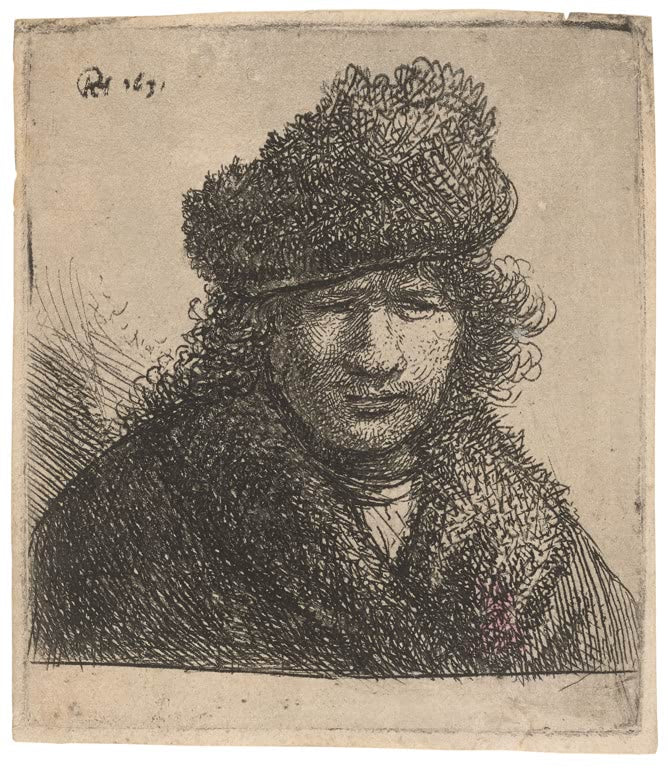 Kunstdruck „Selbstporträt mit schräg sitzender Pelzmütze: Brustbild“ von Rembrandt van Rijn