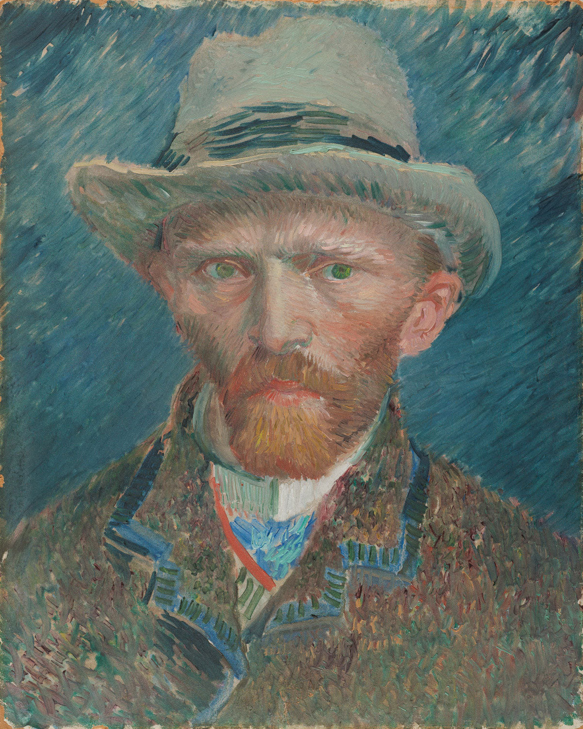 Selbstporträt von Vincent van Gogh, gemalt 1887 in Paris. Der Künstler trägt einen Filzhut und einen Überrock. Sein direkter Blick, die kräftigen Pinselstriche und die lebendige Farbpalette spiegeln seinen Stil wider. 