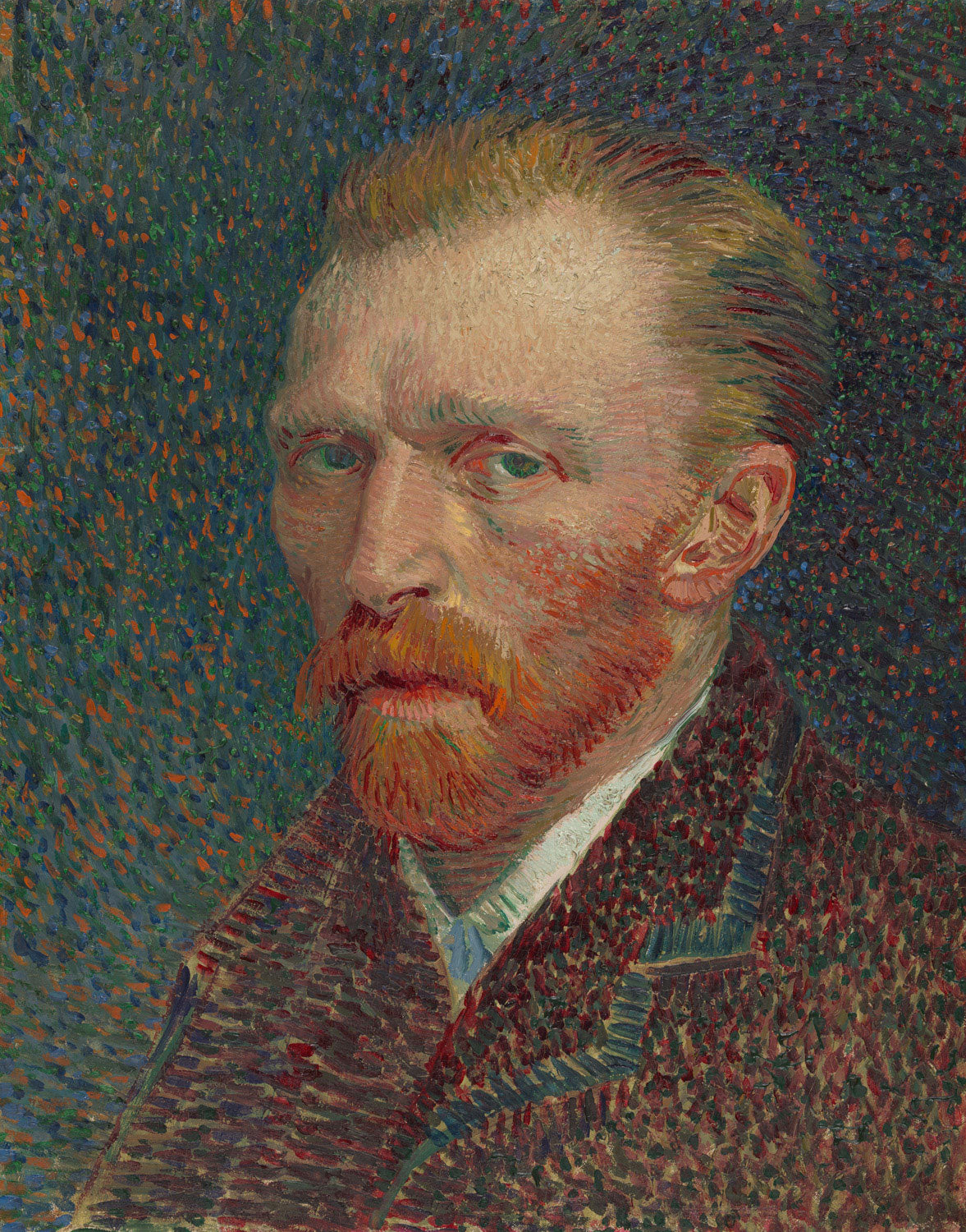 "Selbstporträt von Vincent van Gogh aus dem Jahr 1887, gemalt in lebhaften Farben und mit dynamischen Pinselstrichen. Der Künstler blickt mit einem intensiven Ausdruck in die Ferne, vor einem Hintergrund aus blauen und grünen Tupfen."