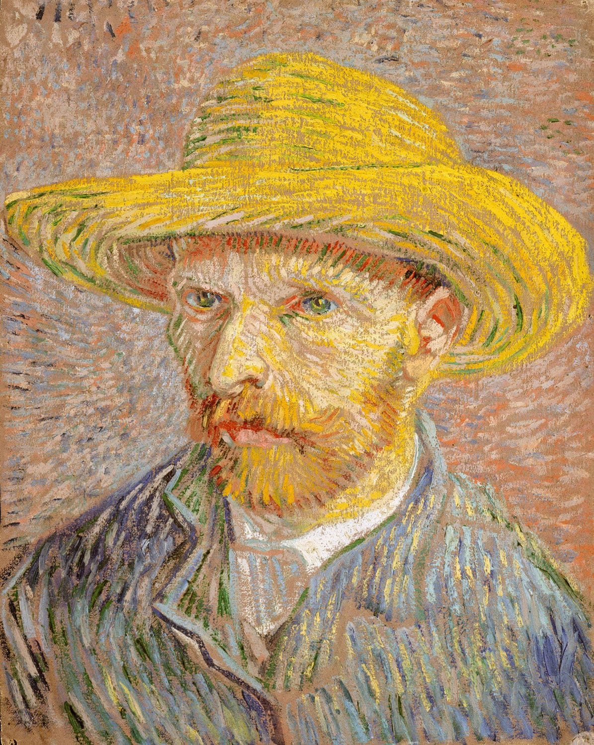 Selbstporträt von Vincent van Gogh mit Strohhut, gemalt 1887, mit kräftigen Farben und intensiven Pinselstrichen, im Postimpressionismus-Stil.
