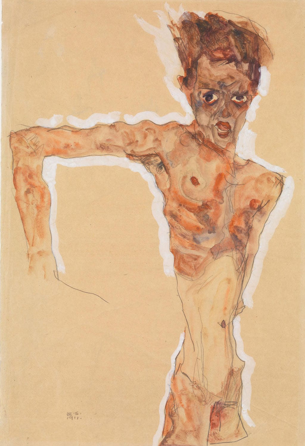 Expressionistisches Selbstporträt von Egon Schiele aus 1911, mit intensiver Linienführung und ausdrucksstarker Farbgebung im Hochformat.