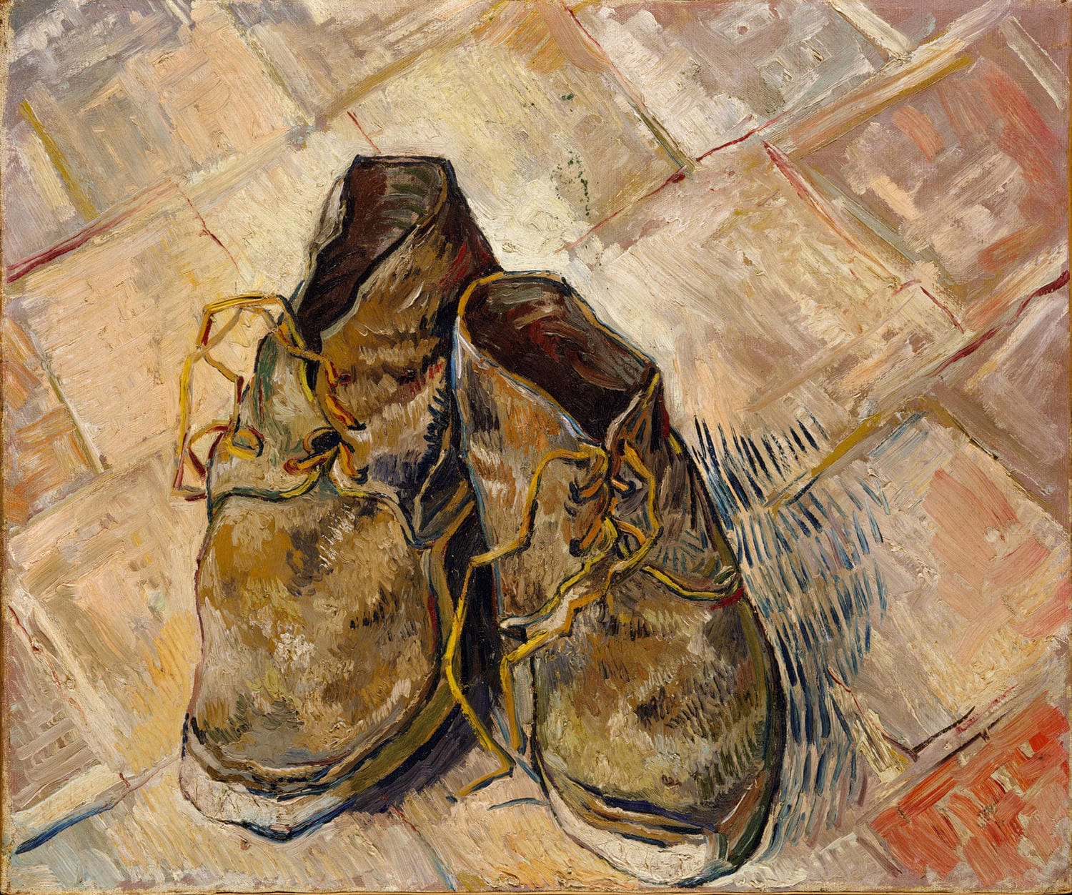 Stillleben von abgenutzten Schuhen, gemalt von Vincent van Gogh im Jahr 1886, mit kräftigen Farben und detaillierter Darstellung.