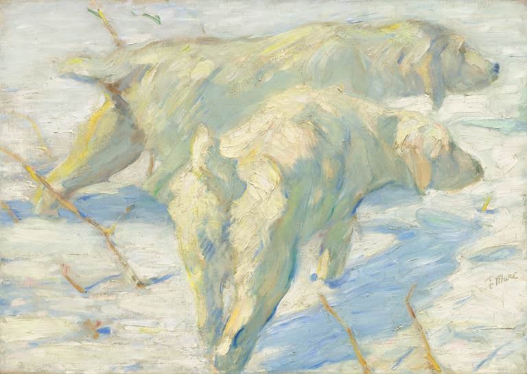 Kunstdruck des Gemäldes „Sibirische Hunde im Schnee“ von Franz Marc. Hochwertig in Deutschland von Hand gefertigt, erhältlich als Poster oder Leinwand und optional gerahmt.