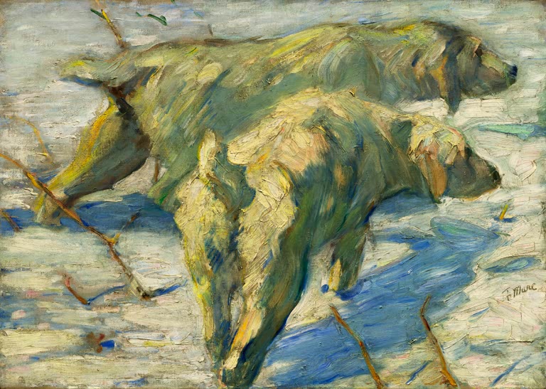 Kunstdruck des Gemäldes „Sibirische Hunde im Schnee“ von Franz Marc. Hochwertig in Deutschland von Hand gefertigt, erhältlich als Poster oder Leinwand und optional gerahmt.