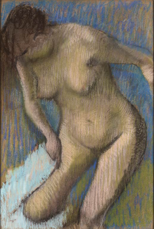 Kunstdruck des Gemäldes Sich den rechten Schenkel abtrocknende Frau von Edgar Degas mit einer Frau, die sich nach dem Baden abtrocknet.