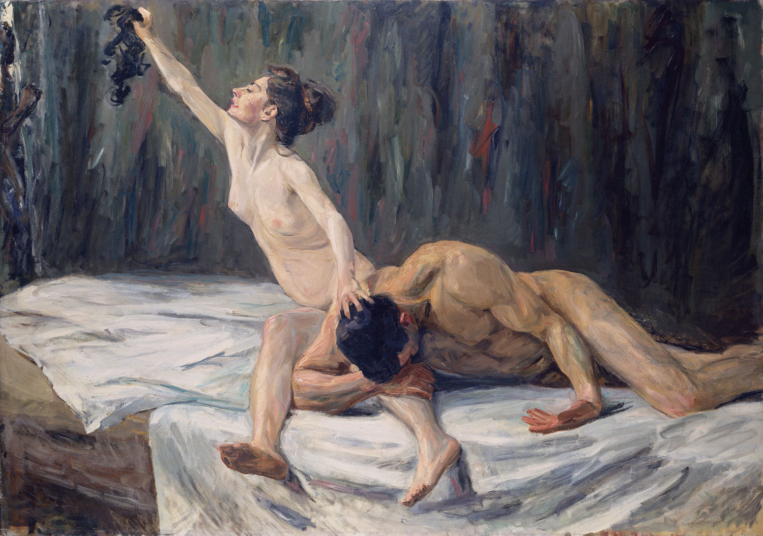 Kunstdruck des Gemäldes Simson und Delila von Max Liebermann. Impressionistische Darstellung der biblischen Szene mit dramatischem Lichtspiel und ausdrucksstarken Figuren.