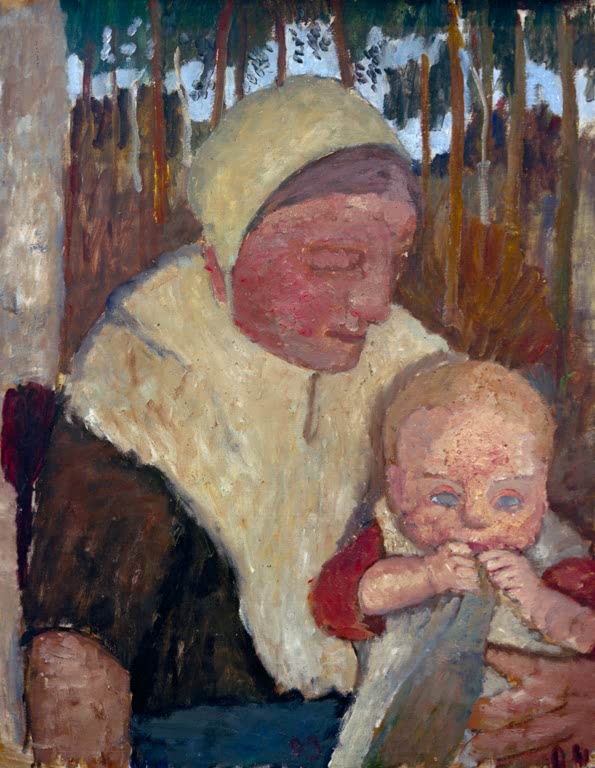 Kunstdruck des Gemäldes Sitzende Bäuerin mit Kind vor Birken von Paula Modersohn-Becker mit einer sitzenden Bäuerin und einem Kind vor Birken.