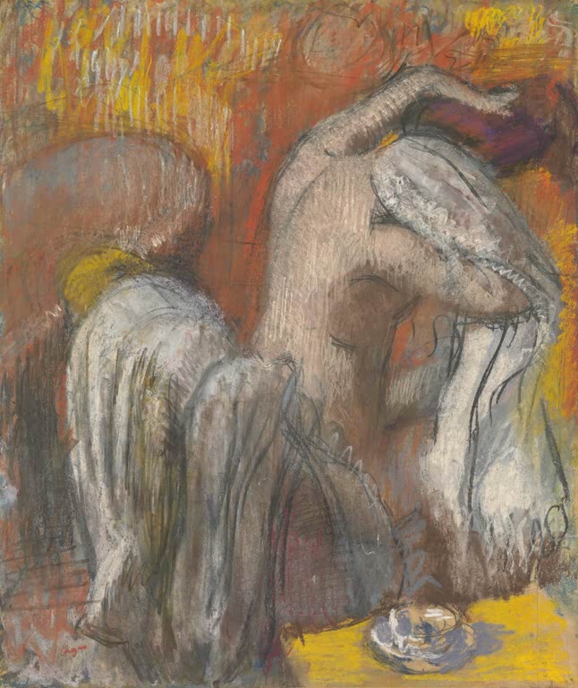 Kunstdruck des Gemäldes Sitzende Badende, die ihren Hals abtrocknet von Edgar Degas mit einer sitzenden Frau nach dem Baden.