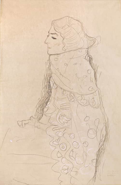 Kunstdruck von „Sitzende Dame“ von Gustav Klimt mit eleganter Porträtdarstellung und charakteristischer Farbgestaltung. In Deutschland von Hand gefertigt, als Leinwand oder Poster erhältlich.