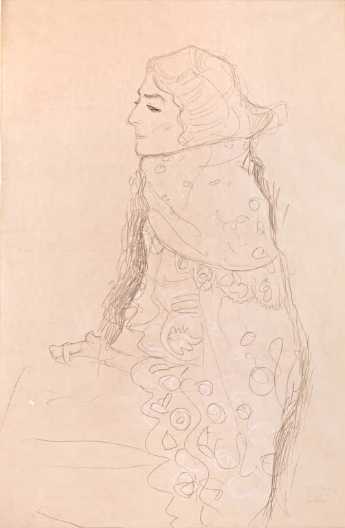 Kunstdruck des Gemäldes „Sitzende Dame“ von Gustav Klimt – hochwertige Reproduktion eines eleganten Jugendstil-Porträts.