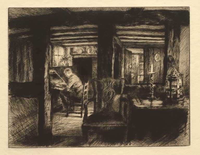 Kunstdruck „Sitzende Figur in einem Innenraum“ von Arthur Paine Garratt mit sitzender Person in einem Interieur