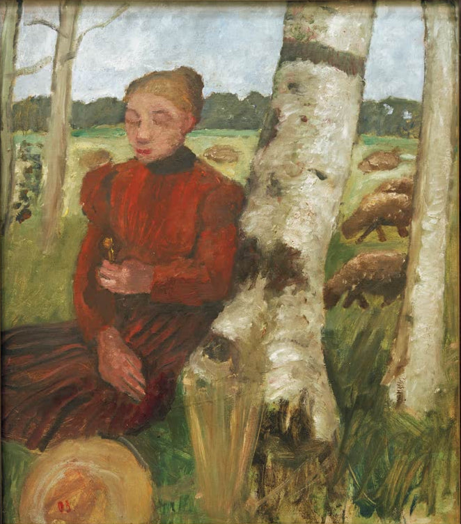 Kunstdruck von Sitzende Frau am Birkenstamm mit Schafherde von Paula Modersohn-Becker – stimmungsvolle Szene mit Frau und Schafen als hochwertiger Kunstdruck.