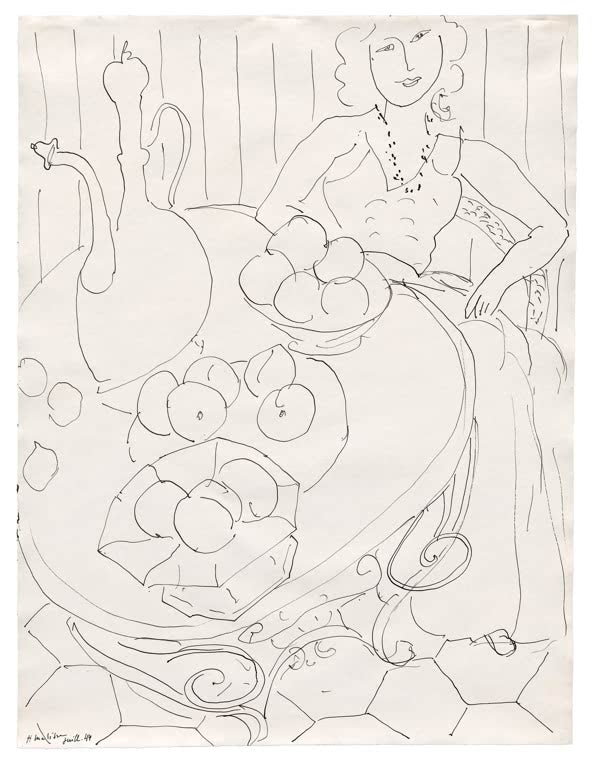 Kunstdruck „Sitzende Frau an einem Tisch mit Obst und Kanne“ von Henri Matisse, handgefertigt in Deutschland