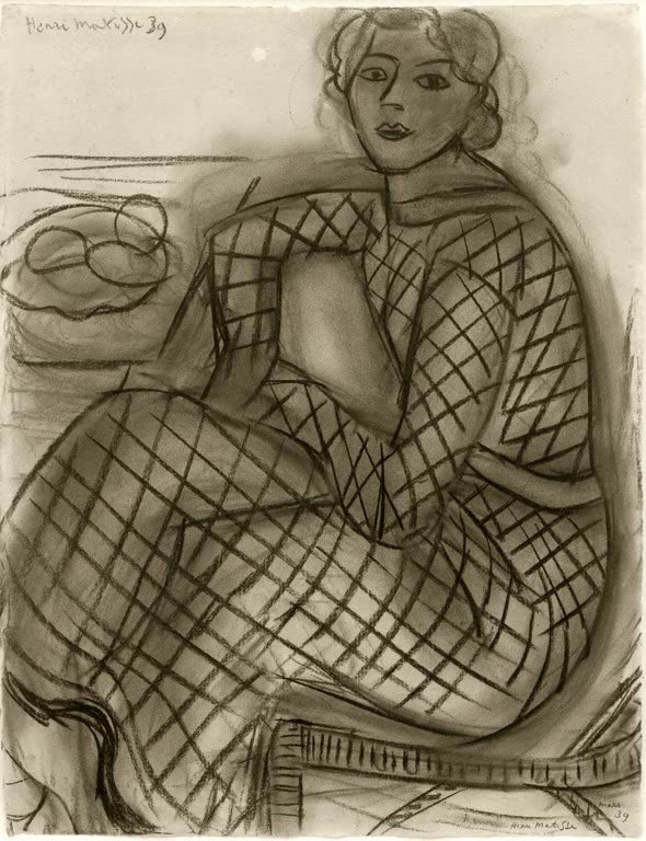 Kunstdruck des Gemäldes „Sitzende Frau im Netzkleid“ von Henri Matisse, erhältlich als Poster oder Leinwand, optional gerahmt, in Deutschland von Hand gefertigt.