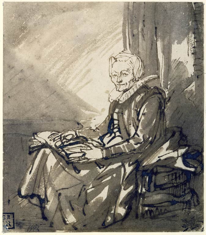 Kunstdruck „Sitzende Frau mit offenem Buch auf dem Schoß“ von Rembrandt van Rijn