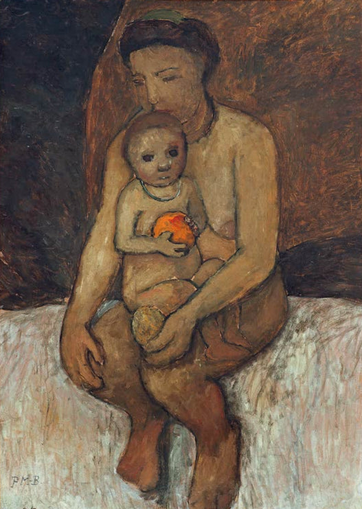 Kunstdruck des Gemäldes Sitzende Mutter mit Kind auf dem Schoß von Paula Modersohn-Becker mit einer sitzenden Mutter und einem Kind auf ihrem Schoß.