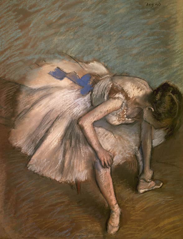 Kunstdruck des Gemäldes Sitzende Tänzerin von Edgar Degas mit einer Balletttänzerin in sitzender Pose.